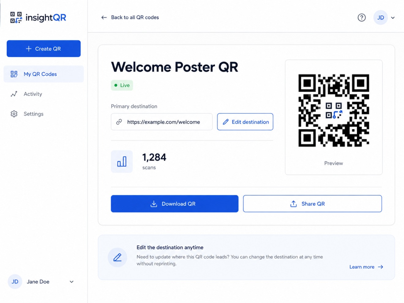 insightQR dashboard — QR code overview and destination editor