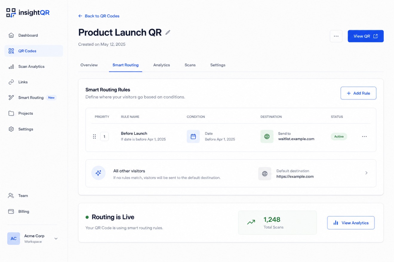 insightQR dashboard — smart routing rules